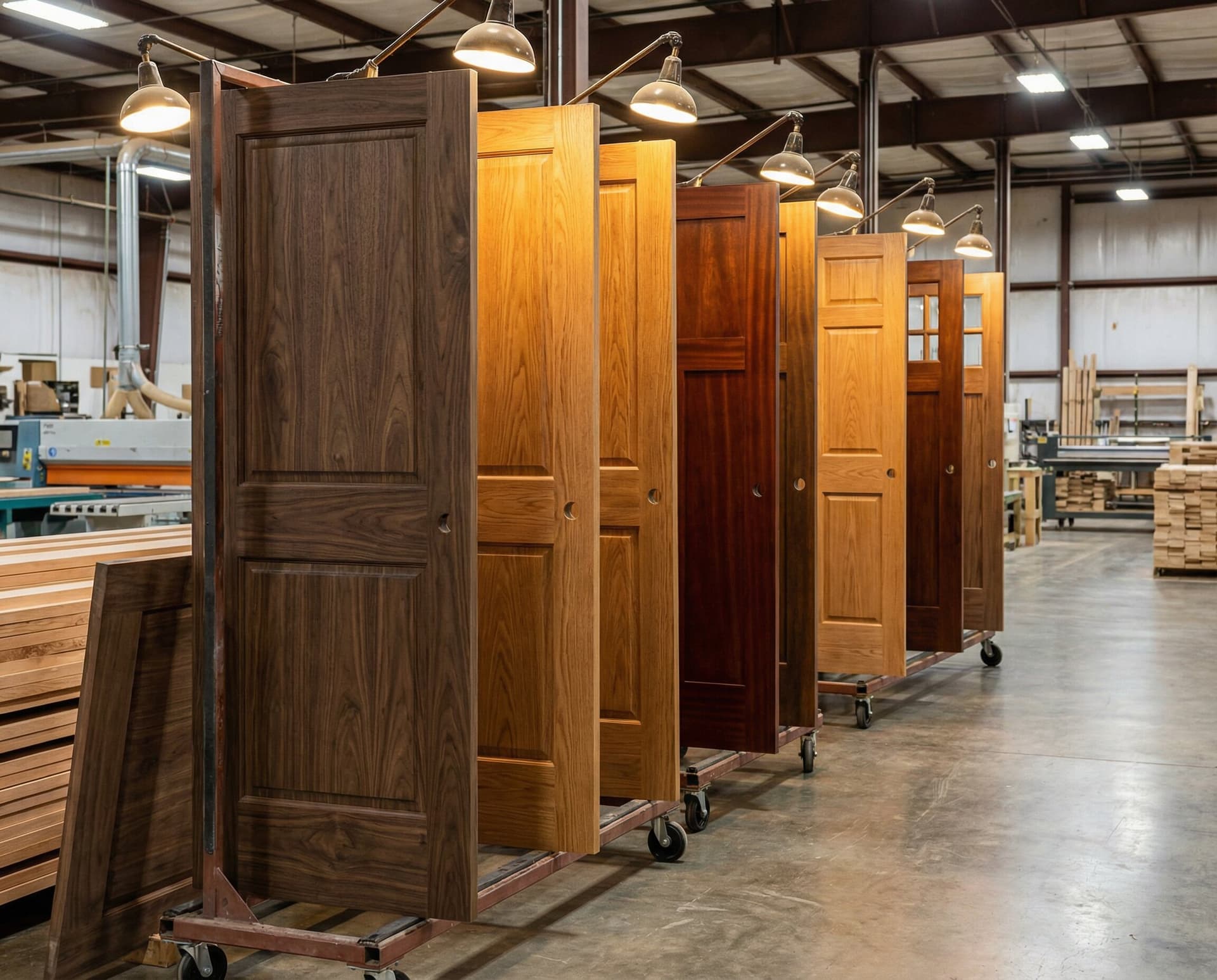 Factory prefinished wood doors on a production line
