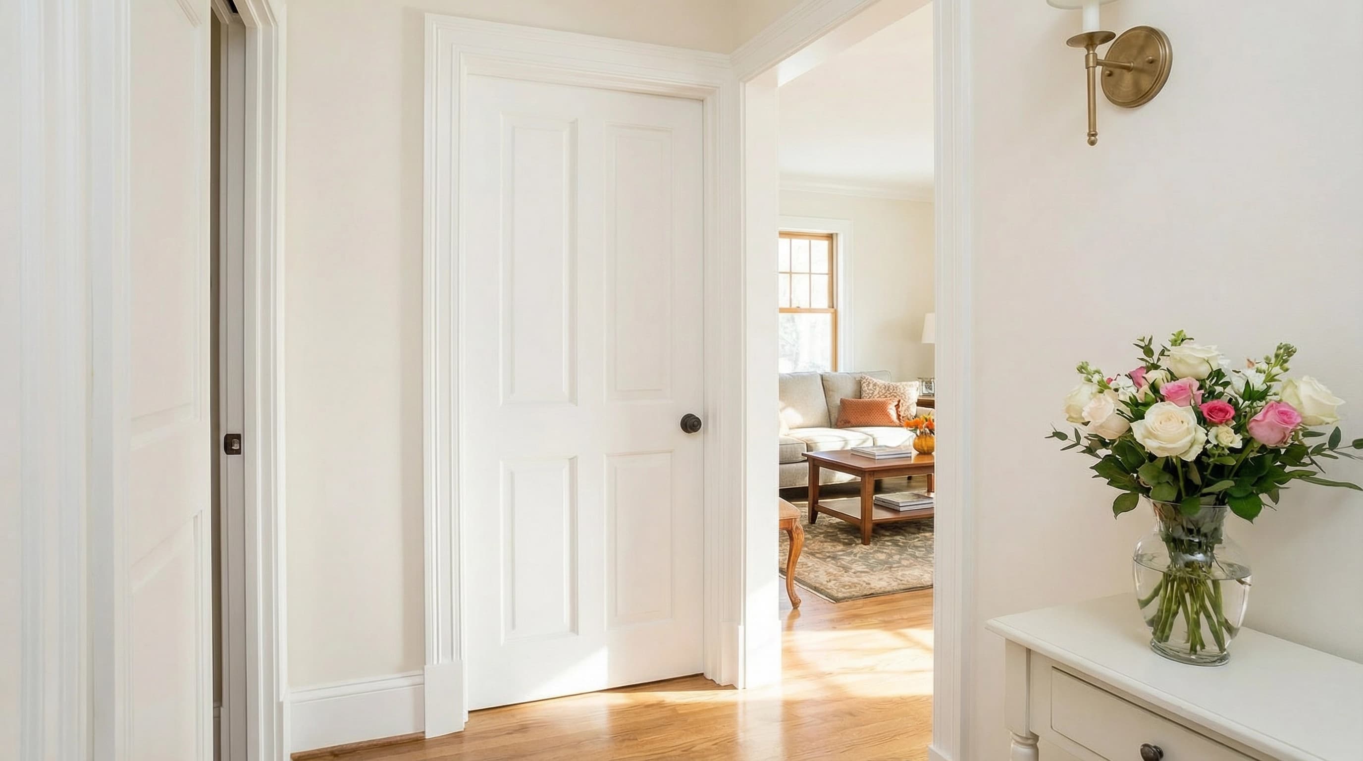 Prefinished interior door in White shown in a room setting