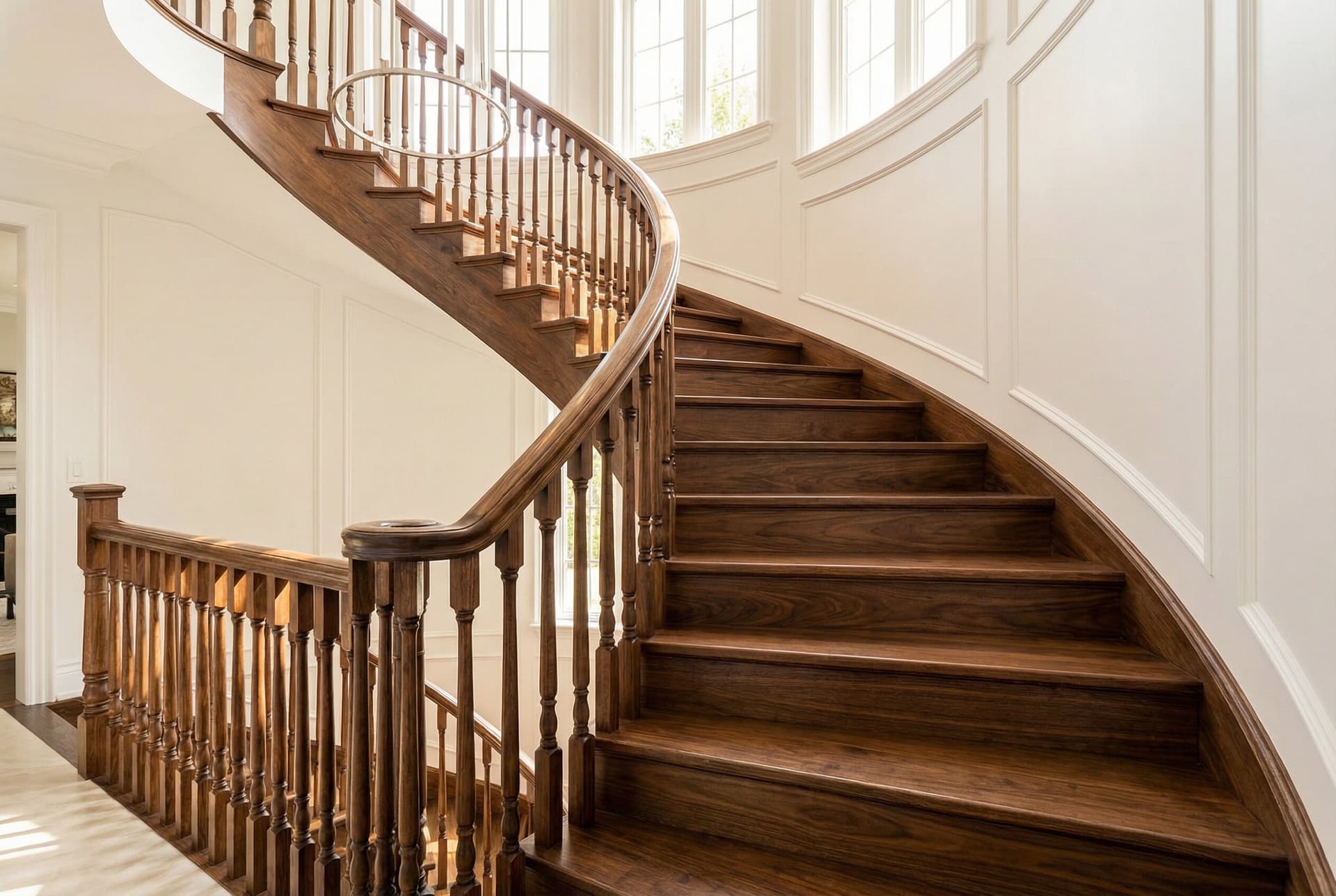 Prefinished hardwood stair treads and handrail detail
