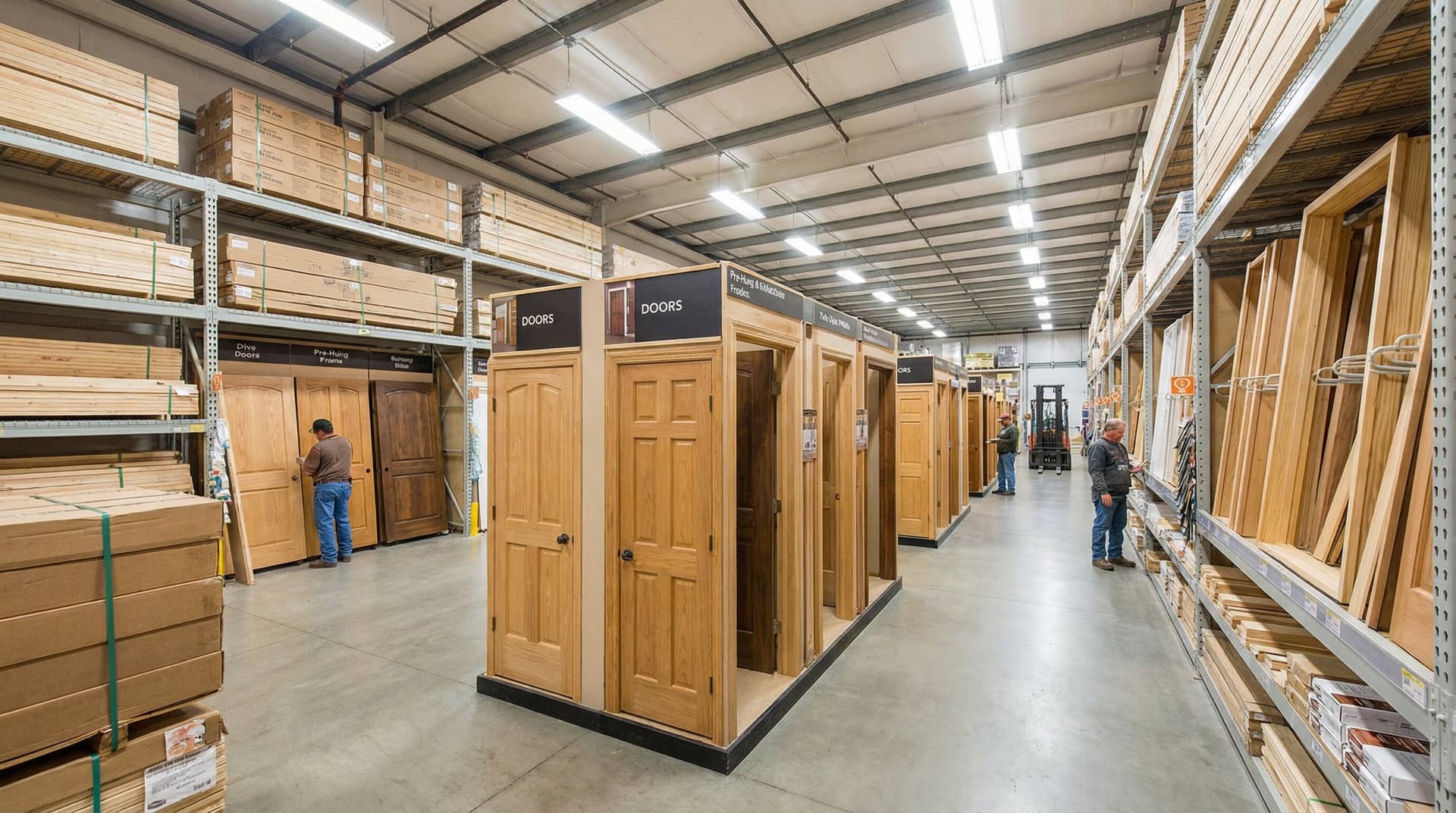 Large warehouse retail store with building materials lumber section