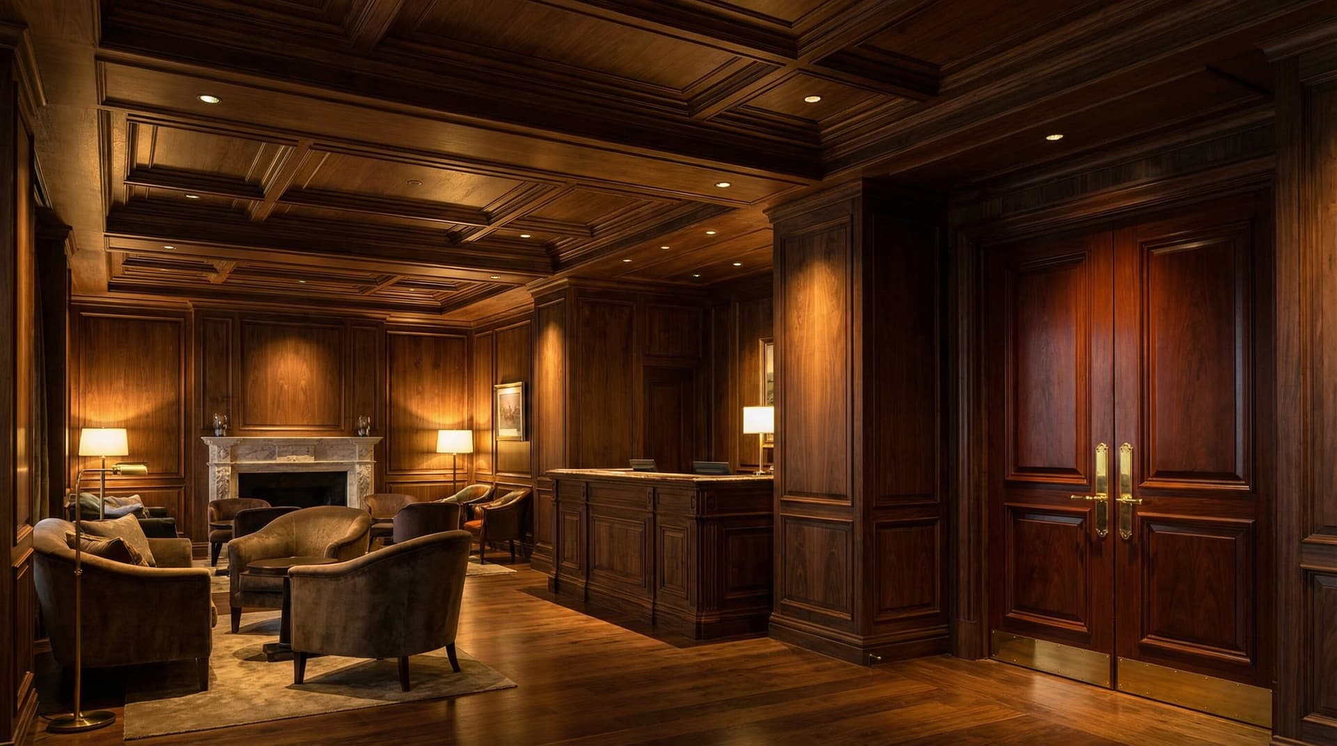 Modern hotel lobby interior with wood panel accent wall
