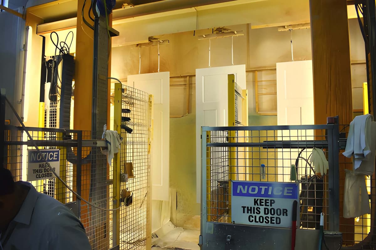 Door painting and finishing booth with white panel doors at Woodco Prefinishing
