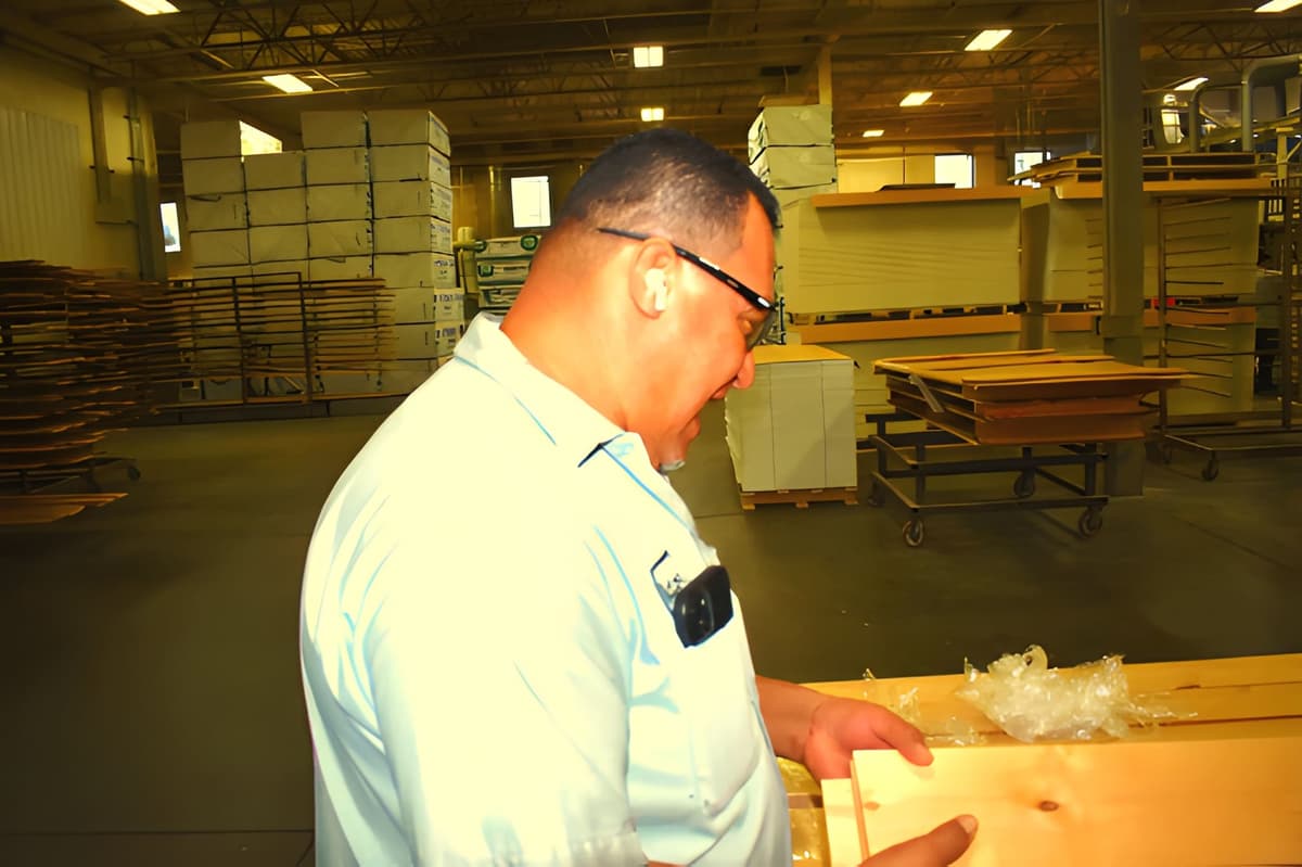Supervisor inspecting wood plank quality on the Woodco warehouse floor