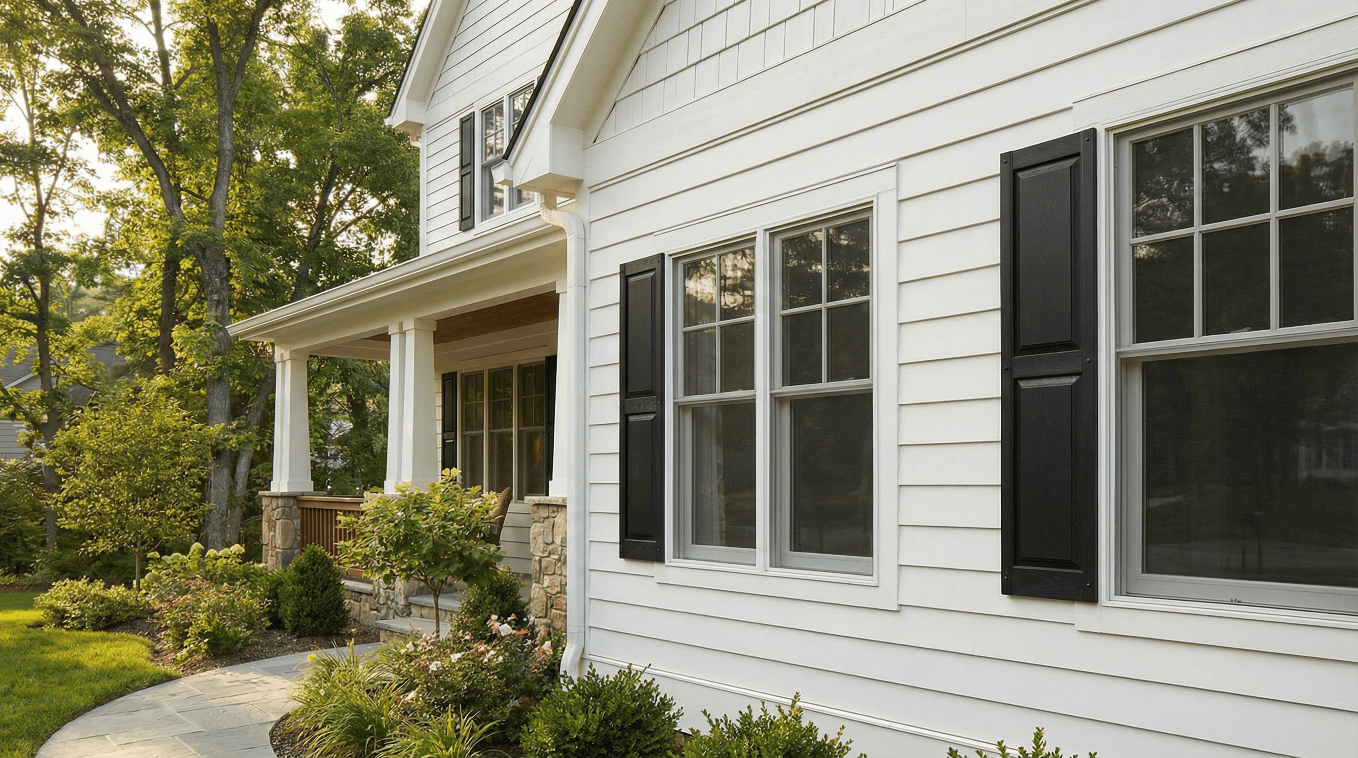 Prefinished siding in White shown on a home exterior