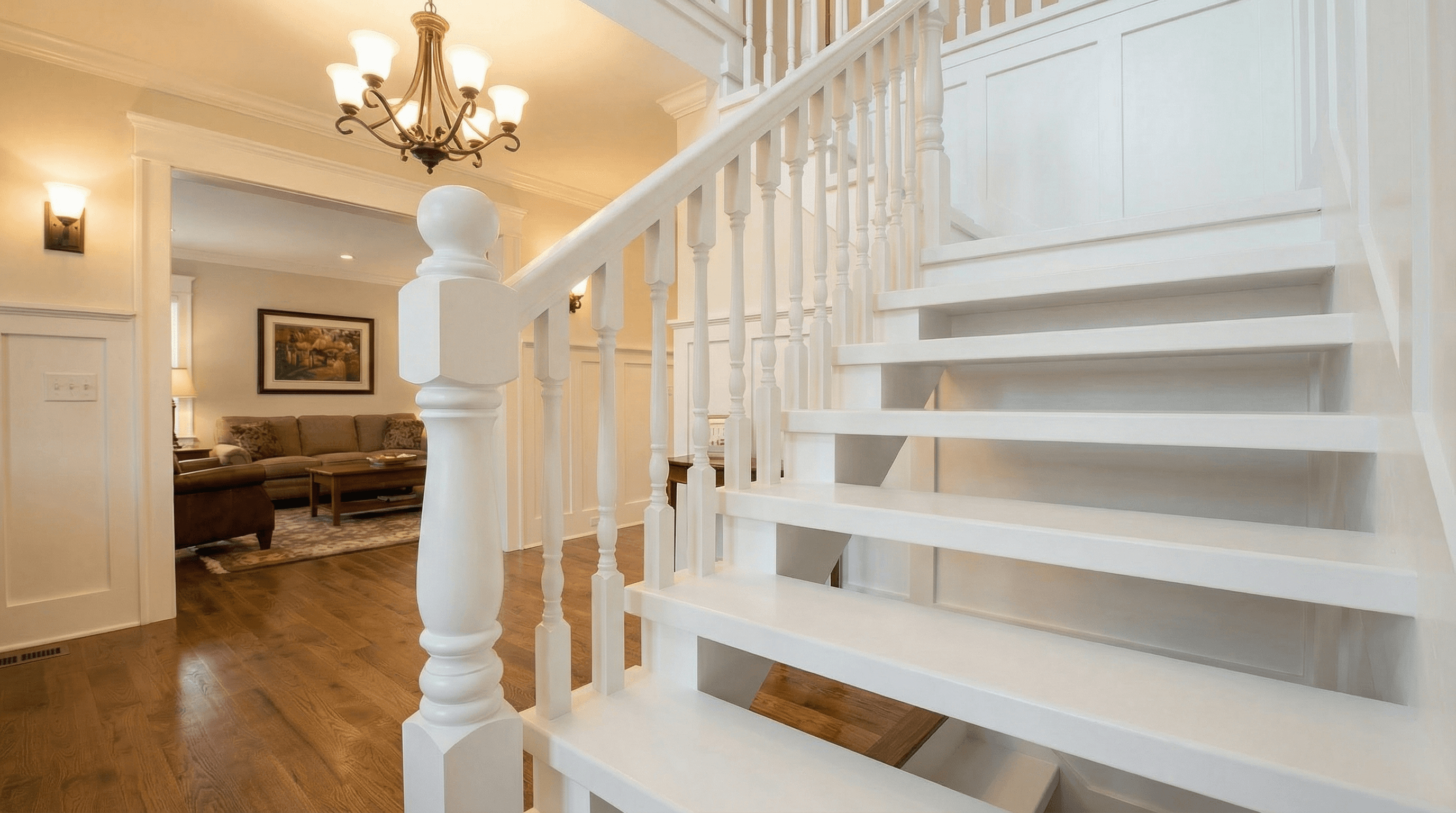 Prefinished stair parts in White shown in a home interior